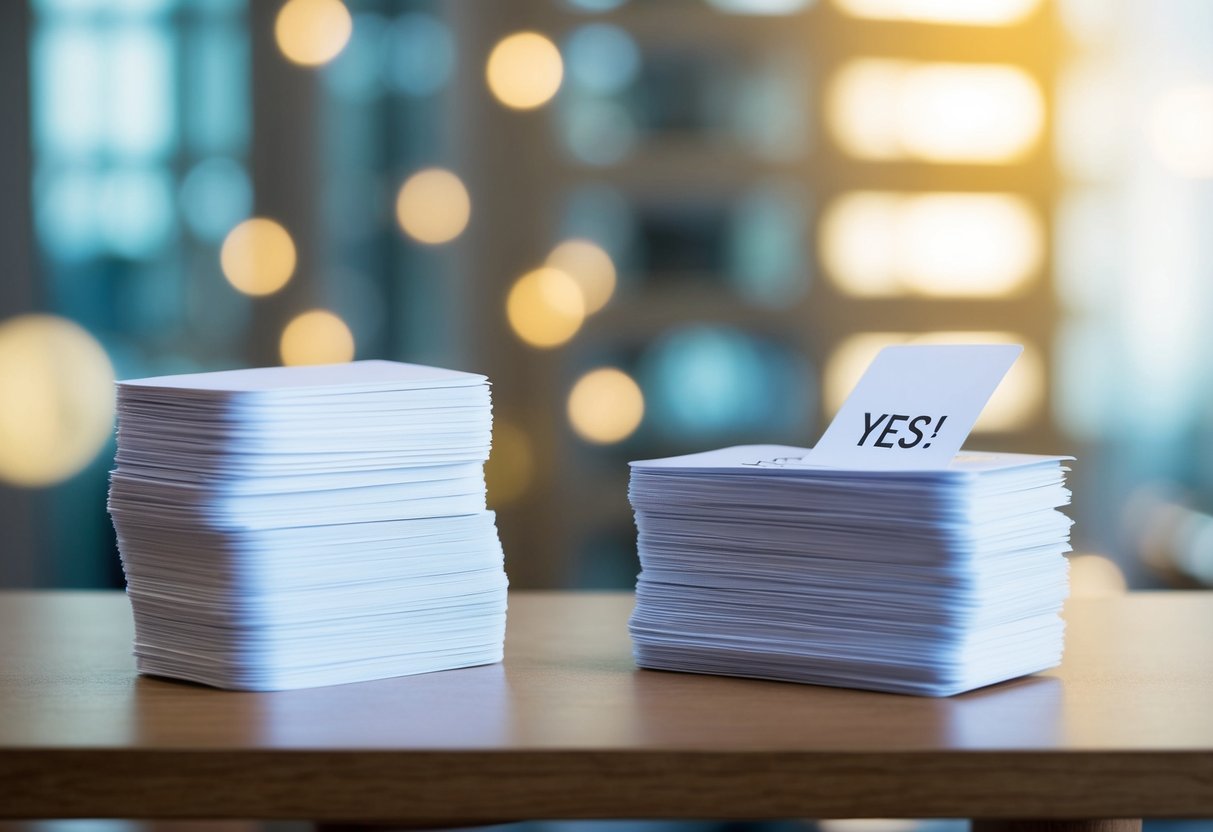 A stack of unopened RSVP cards sits on a table next to a neatly arranged pile of opened "yes" responses