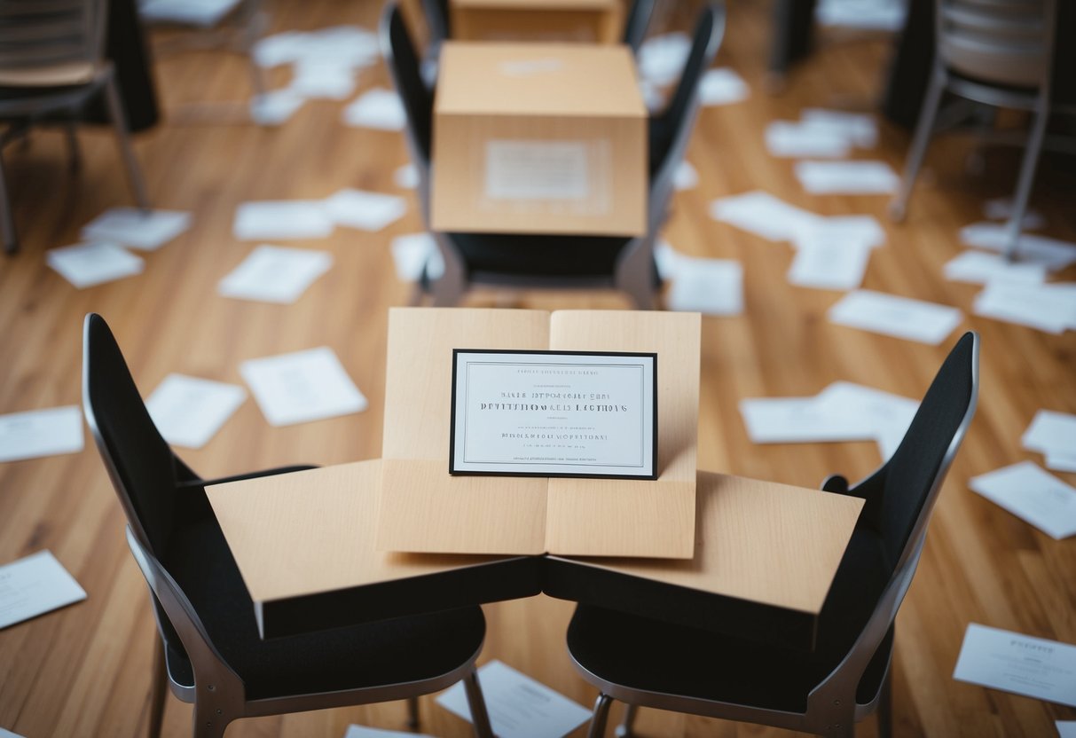 A table with empty chairs surrounded by scattered invitation cards