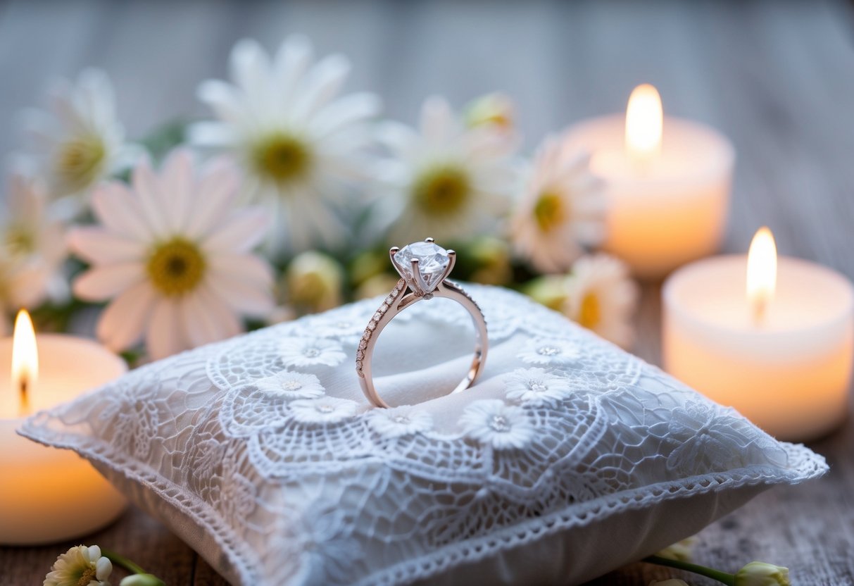 A diamond ring sits on a white lace pillow, surrounded by delicate flowers and lit by soft candlelight