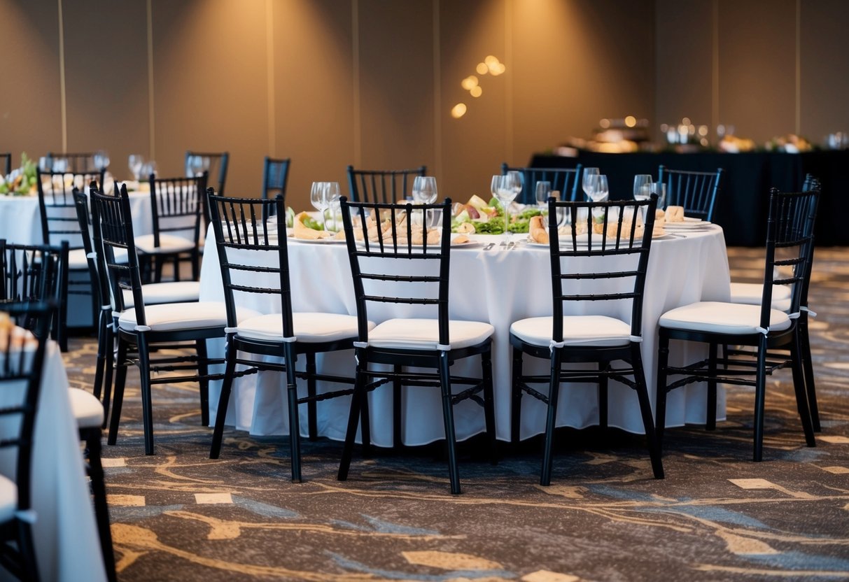 Empty chairs at a banquet table, with a few scattered place settings and untouched food