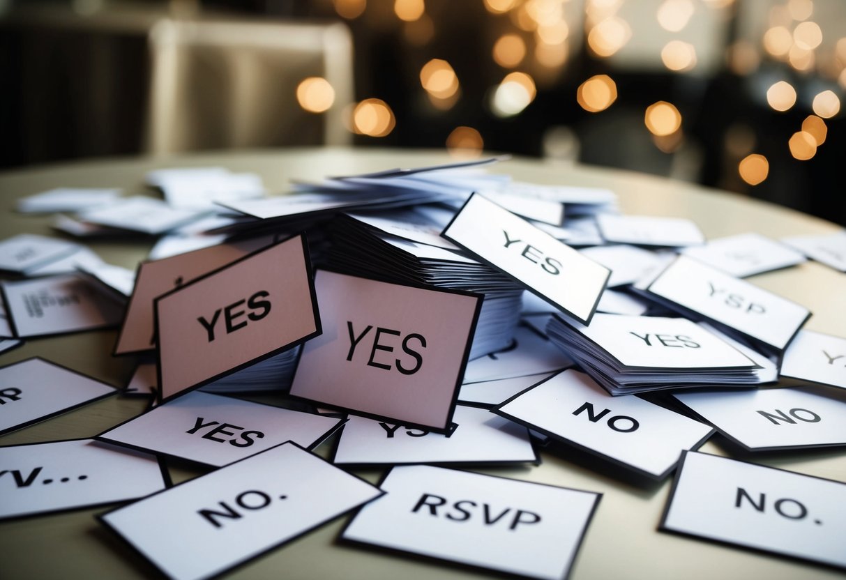 A pile of RSVP cards, some marked "yes" and others "no," scattered on a table