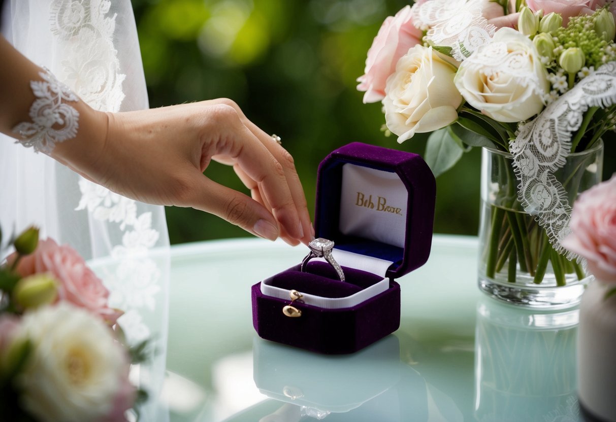 A bride carefully places her engagement ring in a velvet jewelry box on a vanity table, surrounded by wedding flowers and a lace veil