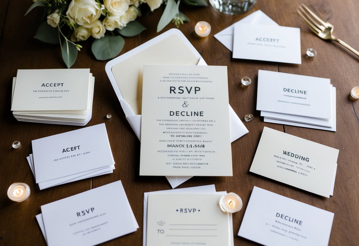 A wedding invitation with a "RSVP by" date, surrounded by a mix of accept and decline response cards
