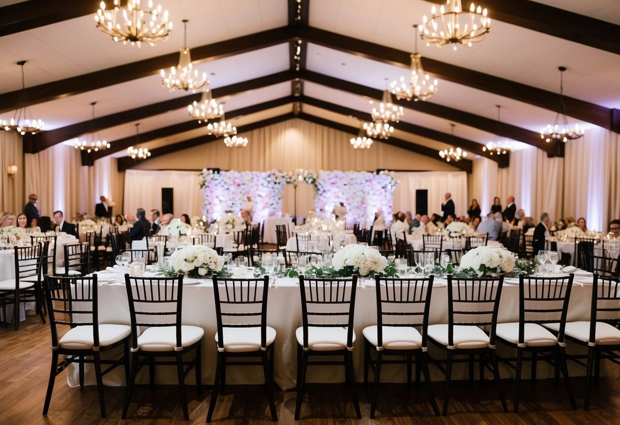A crowded wedding reception with empty chairs