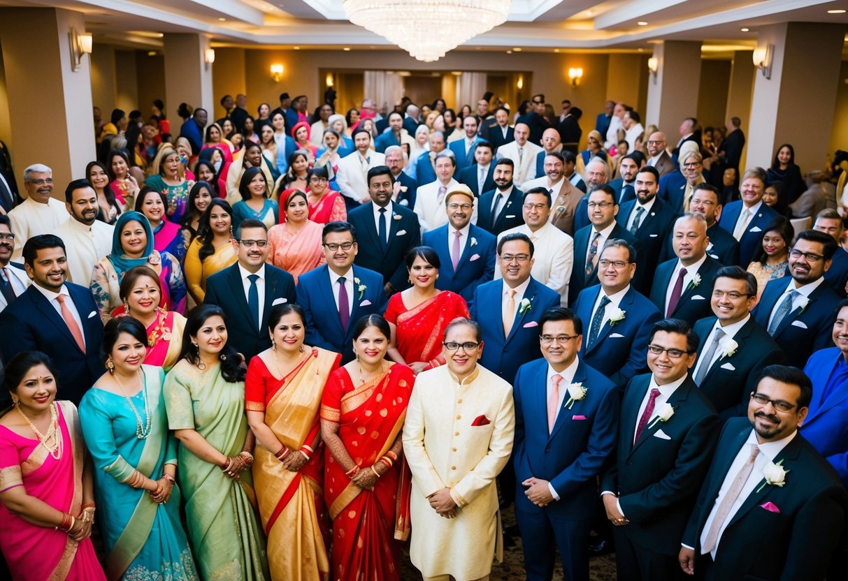A diverse group of guests, represented by various symbols, gathers at a wedding venue, with a mix of traditional and non-traditional attire