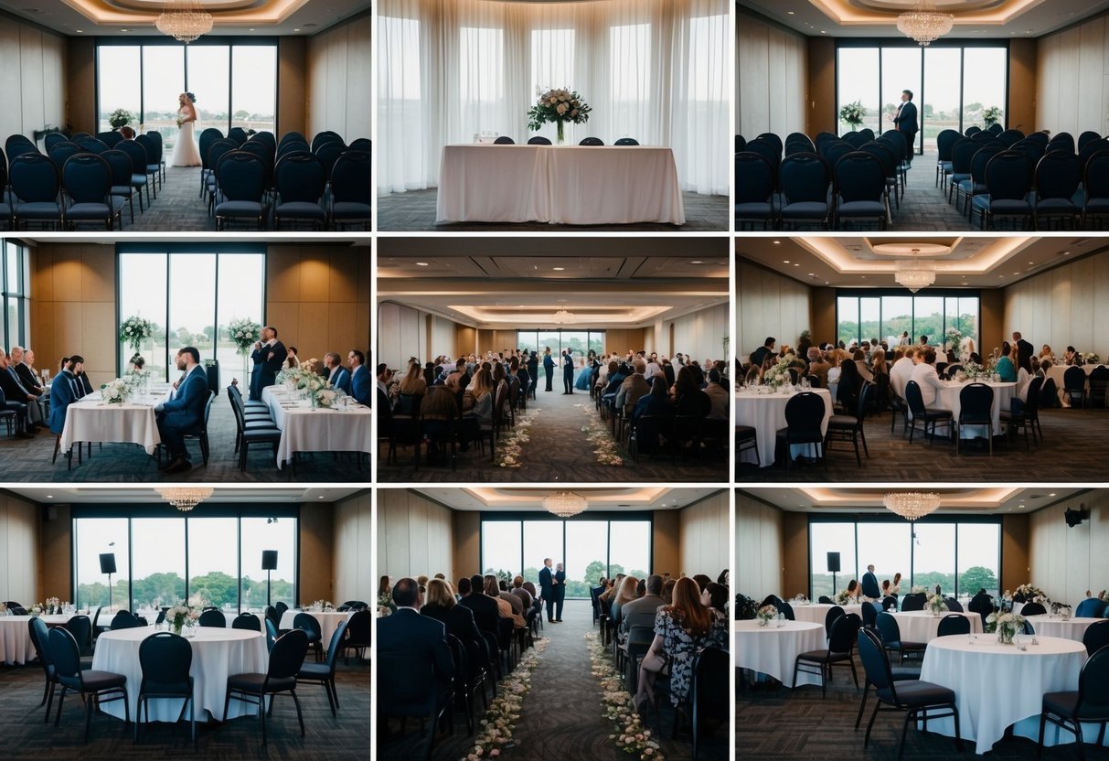 A wedding venue with empty seats, a small gathering with scattered guests, and a large event with a noticeable portion of empty tables