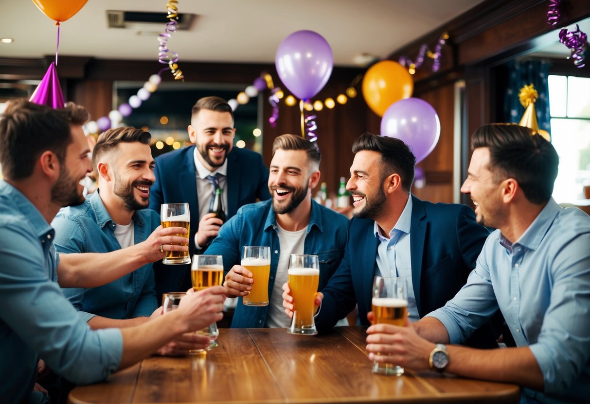A group of men celebrating with drinks and laughter in a pub decorated with balloons and streamers