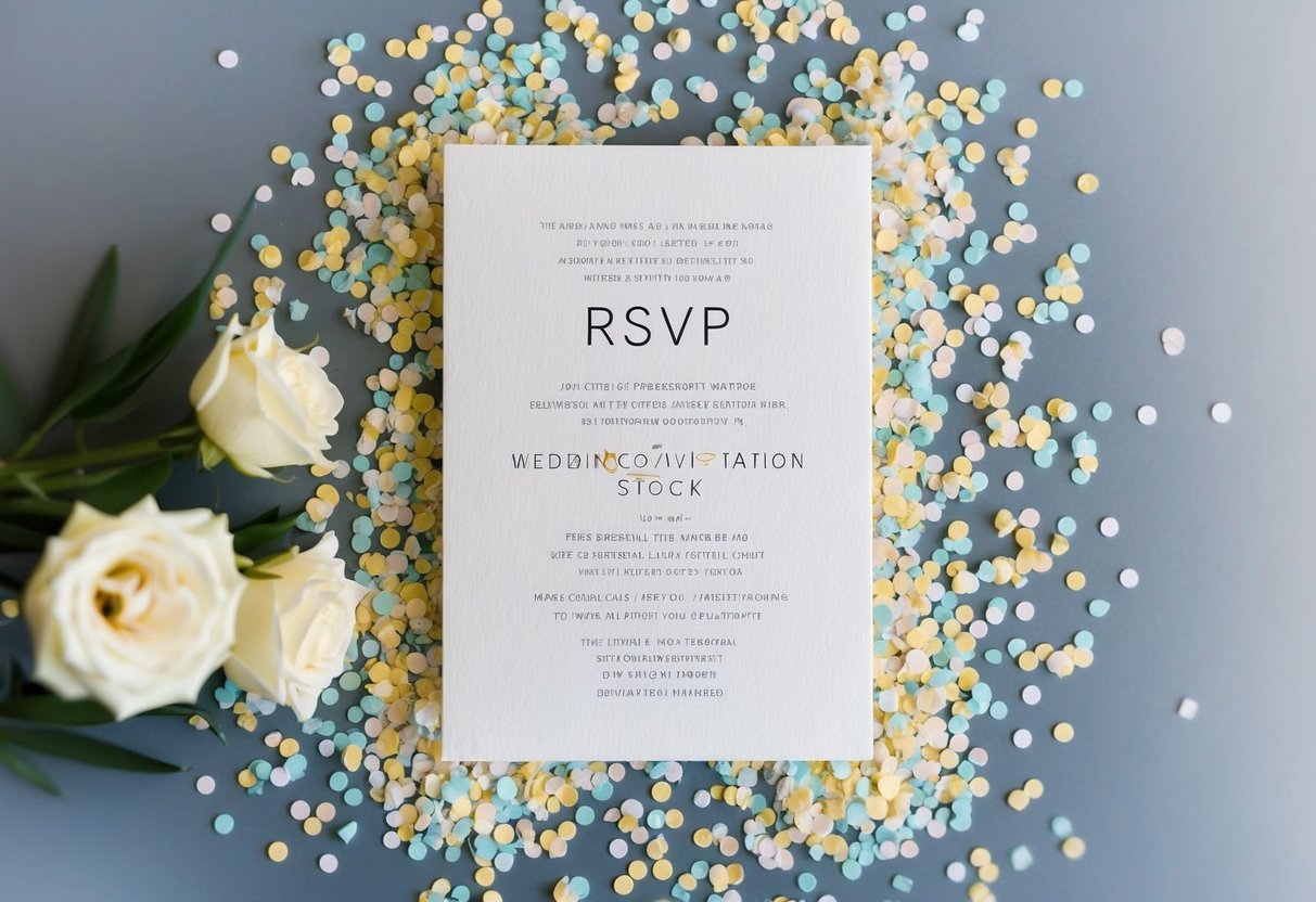A wedding invitation with a declining RSVP count, surrounded by scattered confetti and a partially filled guest list