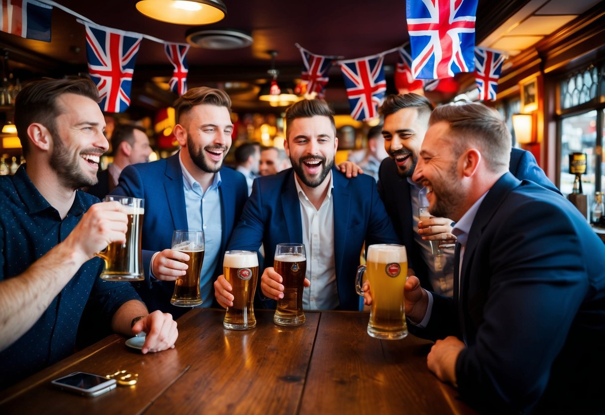 A group of men celebrating, with drinks and laughter, in a lively pub decorated with British flags and memorabilia