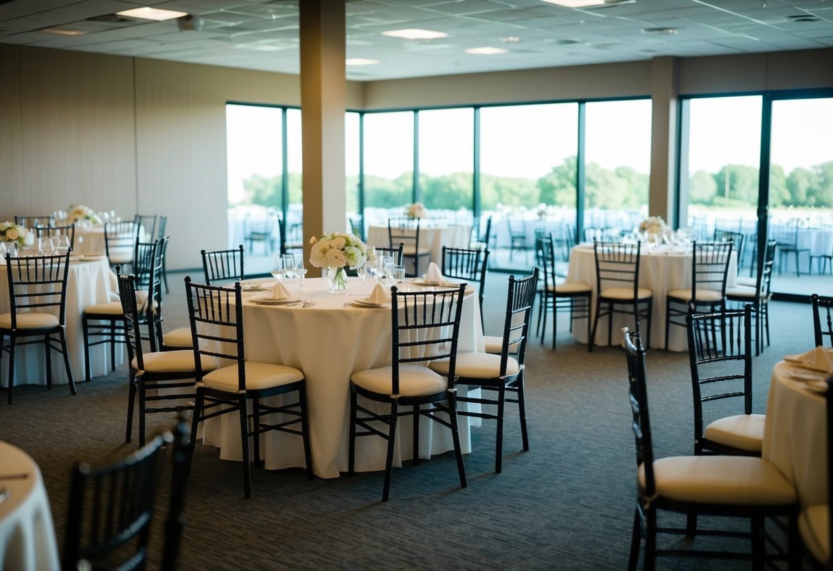 A deserted wedding venue with empty chairs and tables, indicating a low turnout
