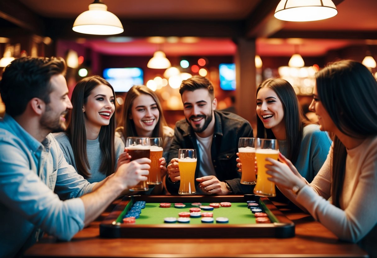 A group of friends celebrating with drinks and games in a lively pub