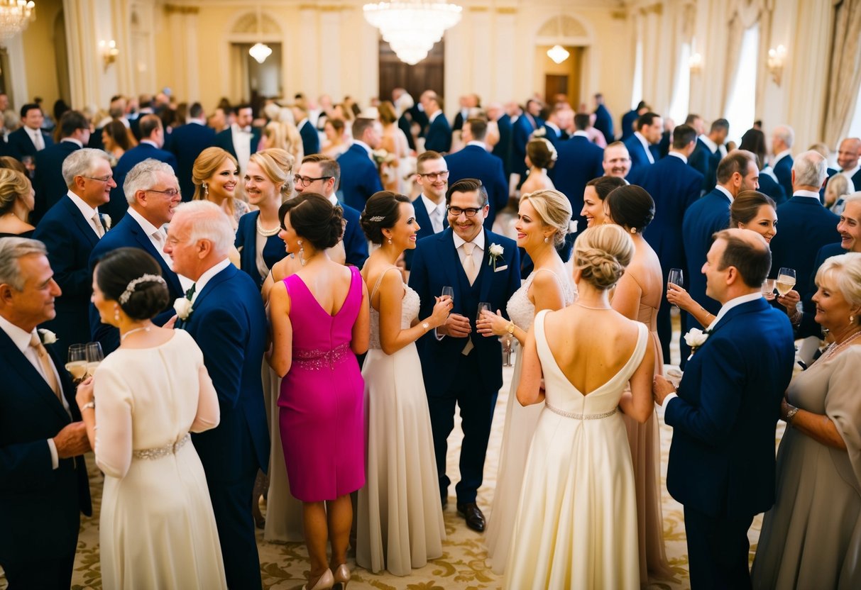 A group of elegantly dressed figures gather in a grand ballroom, mingling and chatting as they enjoy the wedding festivities