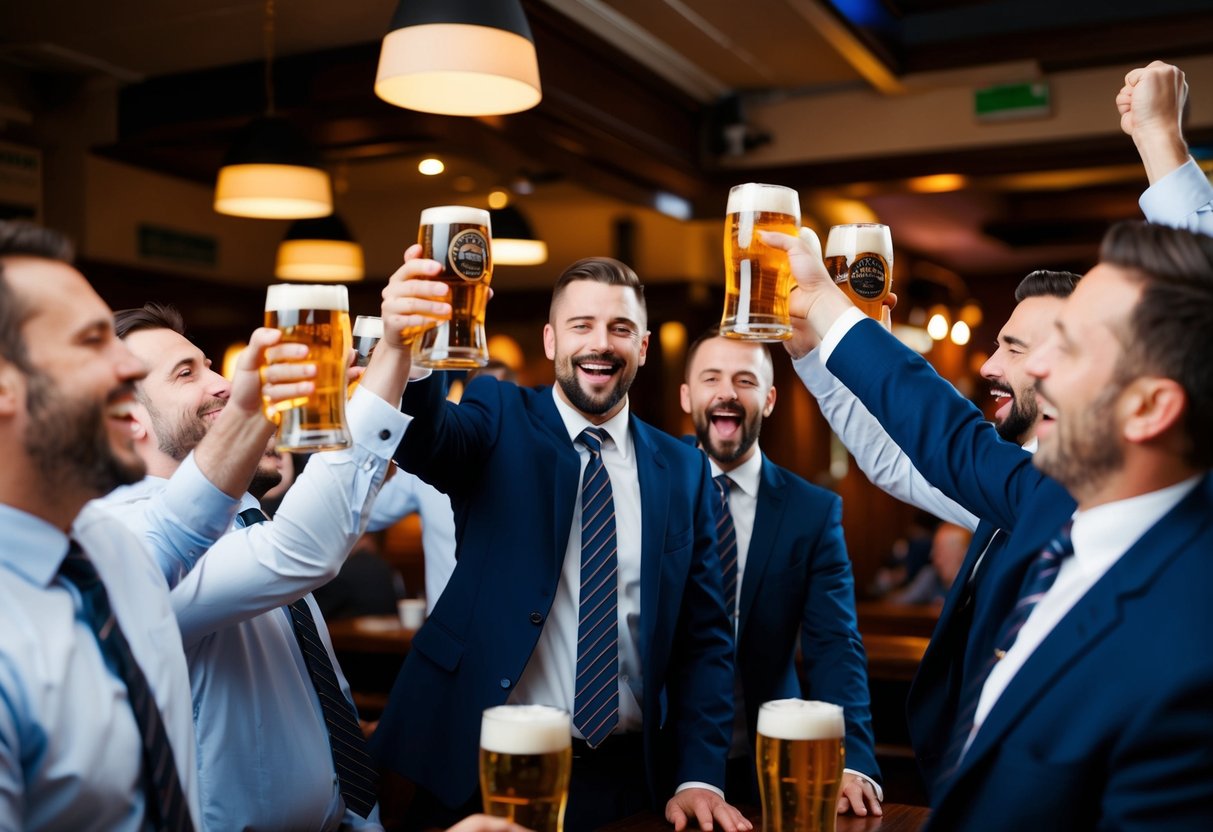 A group of men in formal attire raise pints in a pub, surrounded by laughter and cheers