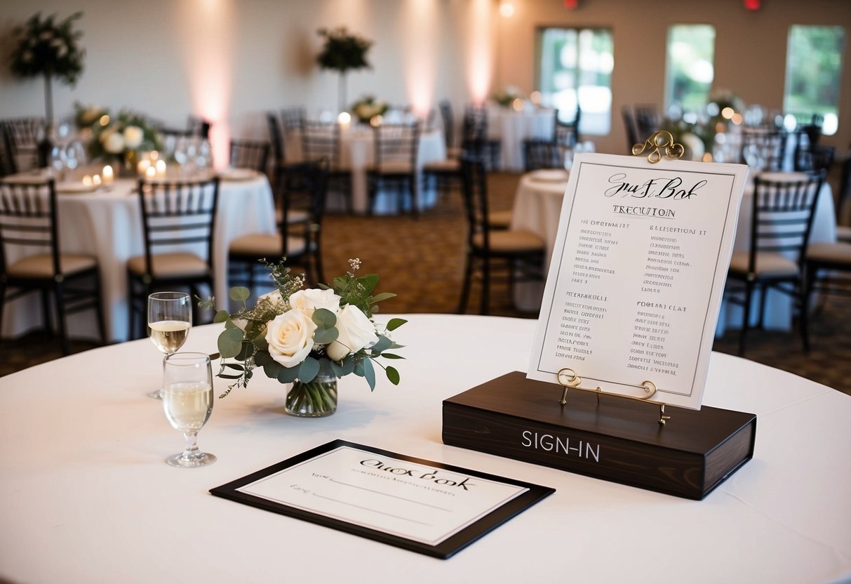 A wedding venue with tables set for a reception, and a sign-in table with a guest book and seating chart