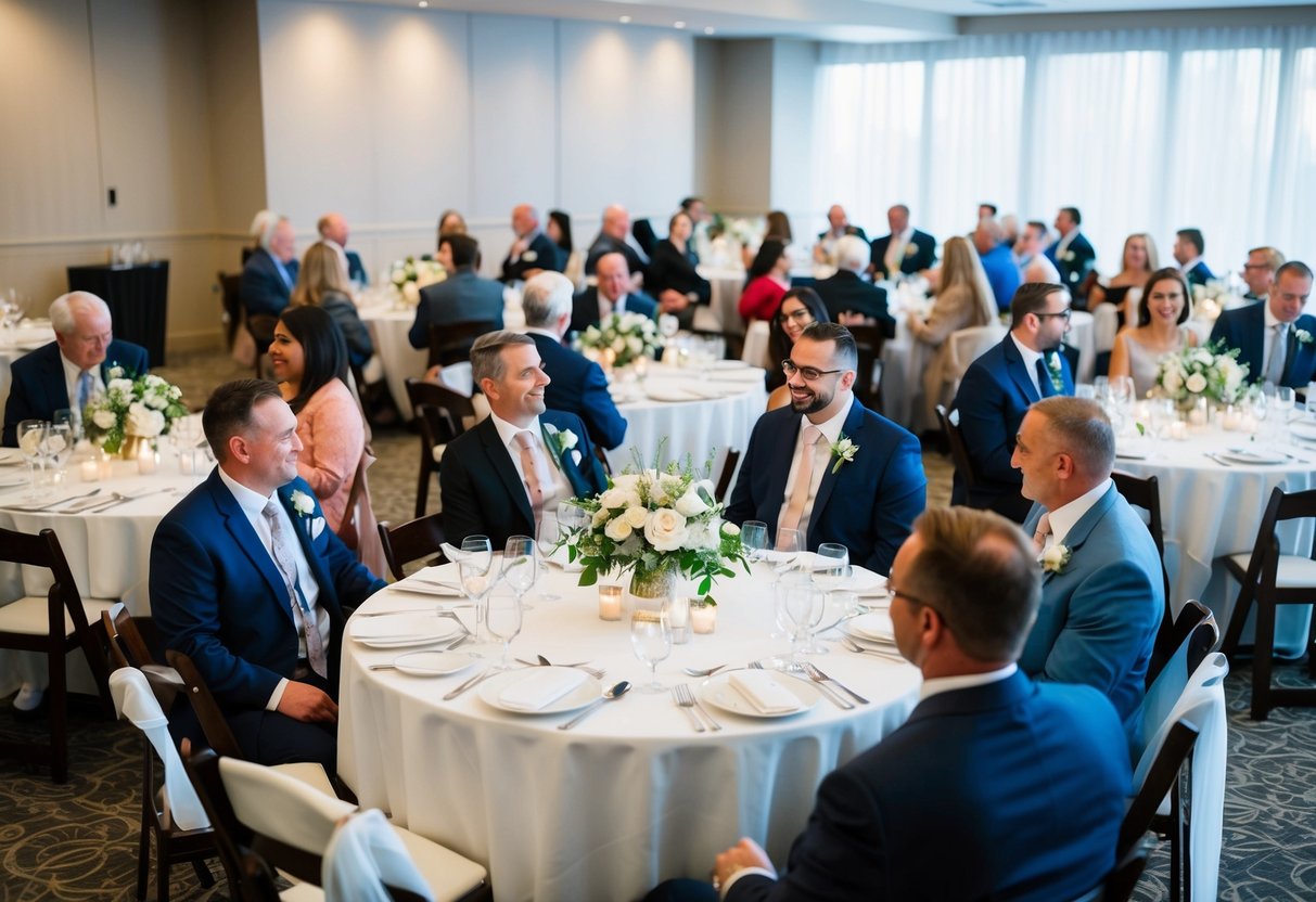 A wedding venue with various table sizes and a diverse group of guests seated at each table