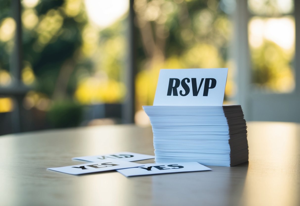A table with a stack of RSVP cards, most with "yes" checked, and a few with "no."