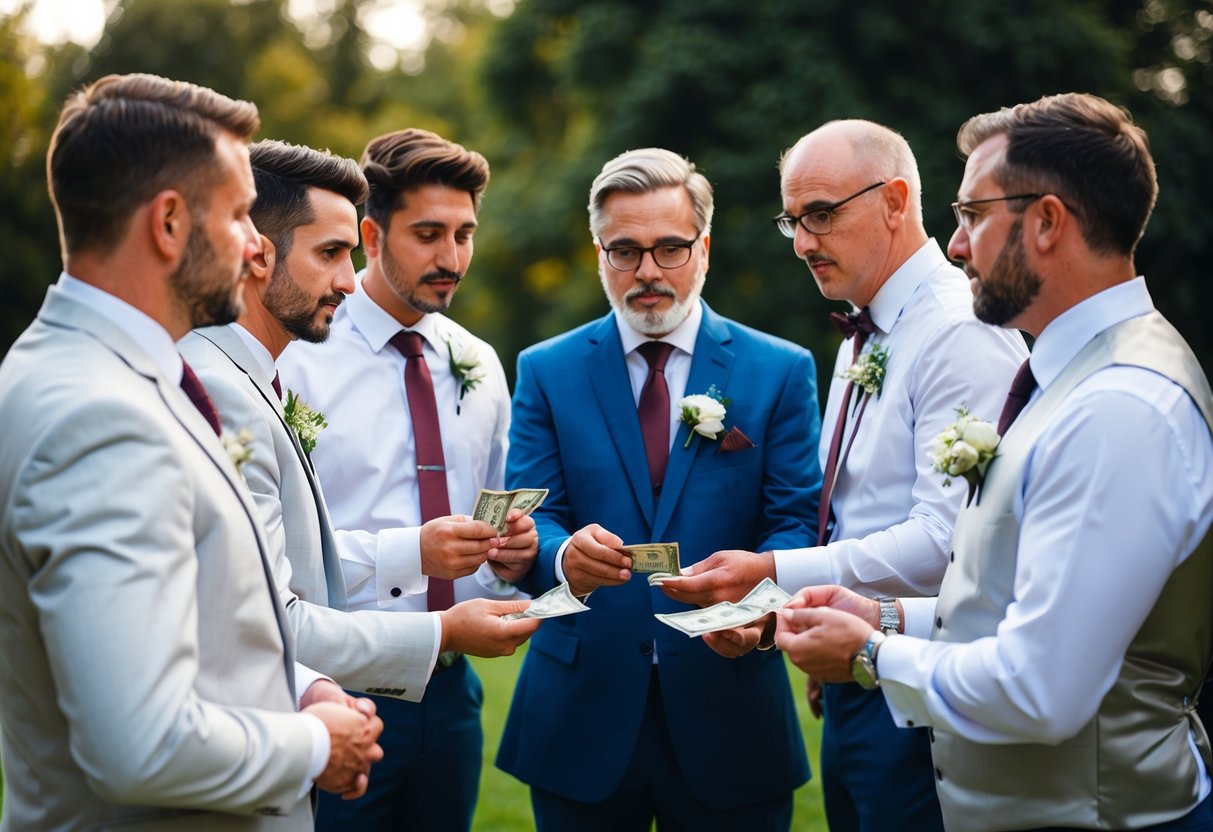 A group of groomsmen's parents discussing and exchanging money for ceremony and reception costs