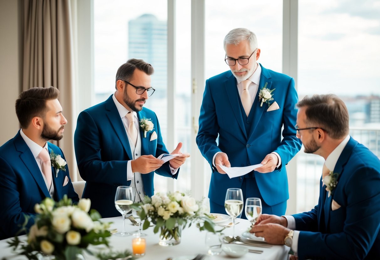 The groomsmen's parents are discussing wedding expenses and making financial arrangements