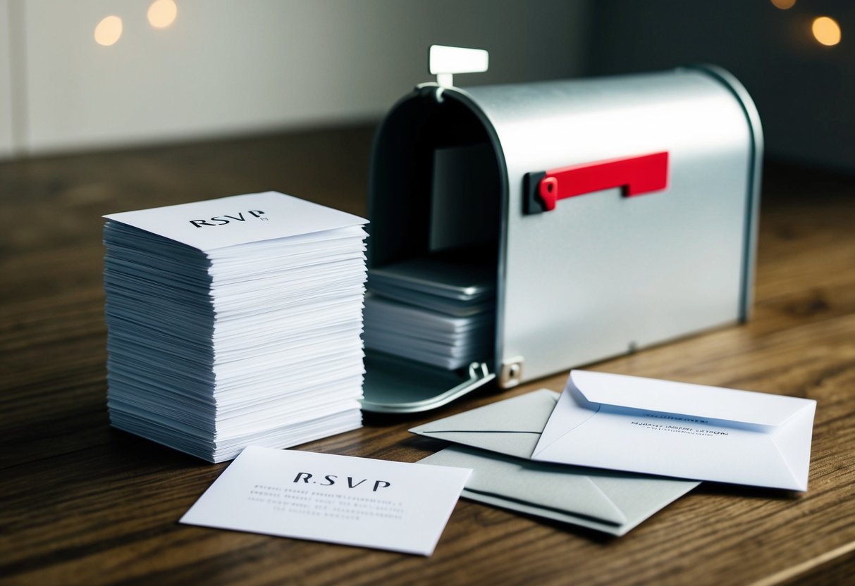 A stack of RSVP cards with varying response options and a mailbox with a mix of filled and empty envelopes