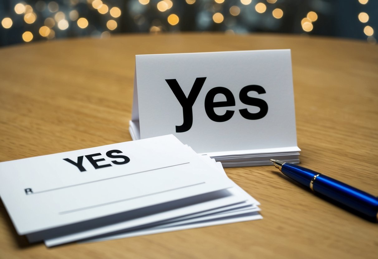 A table with a stack of RSVP cards and a pen. A completed RSVP card marked "Yes" is placed on top