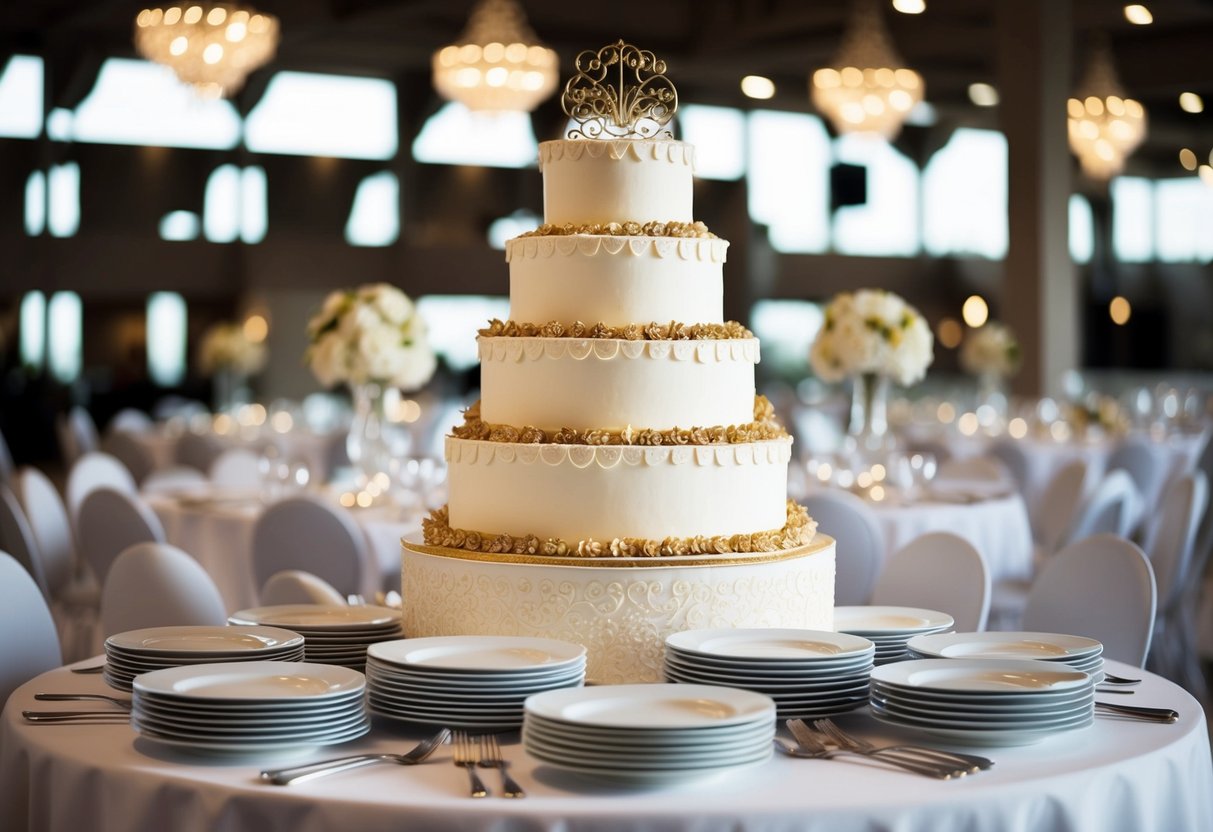 A large, tiered cake with intricate decorations, surrounded by 50 empty plates and utensils