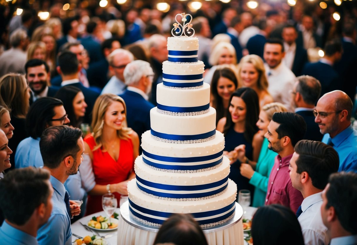 A towering multi-tiered cake surrounded by a bustling crowd of people at a festive gathering