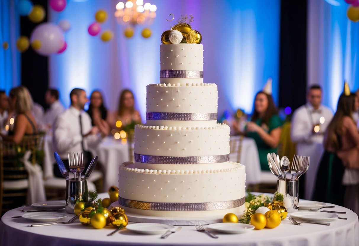 A large, tiered cake with decorative details, surrounded by festive party decorations and serving utensils