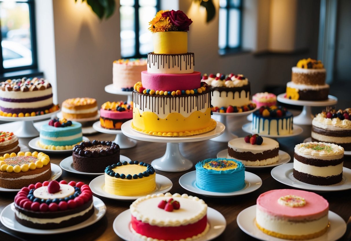A table filled with an assortment of colorful and uniquely decorated cakes, ranging in size and flavor, ready to serve 50 people