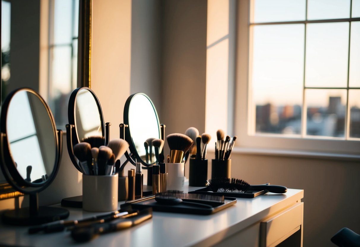 Hair and makeup station set up with brushes, mirrors, and styling tools. Morning sunlight streams through a window, casting a warm glow on the table