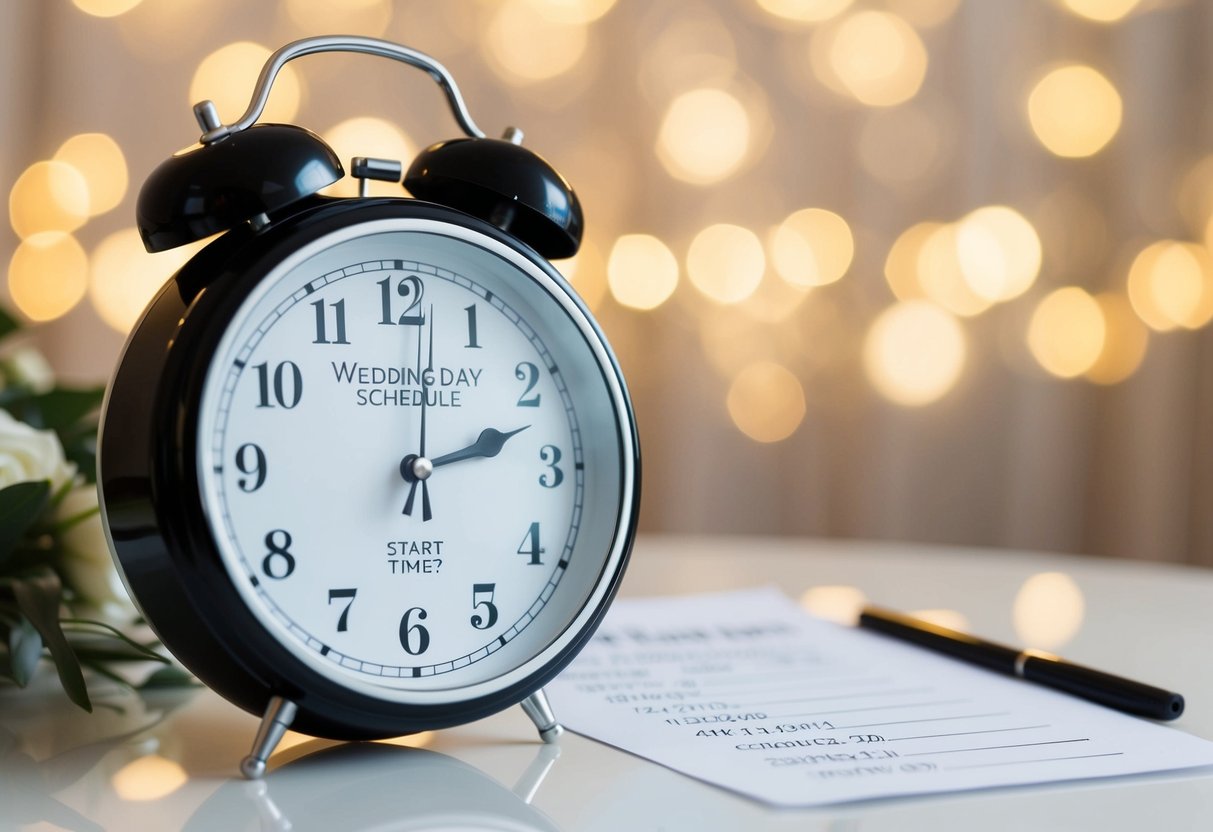 A bride's wedding day schedule with a clock showing the start time for hair and makeup