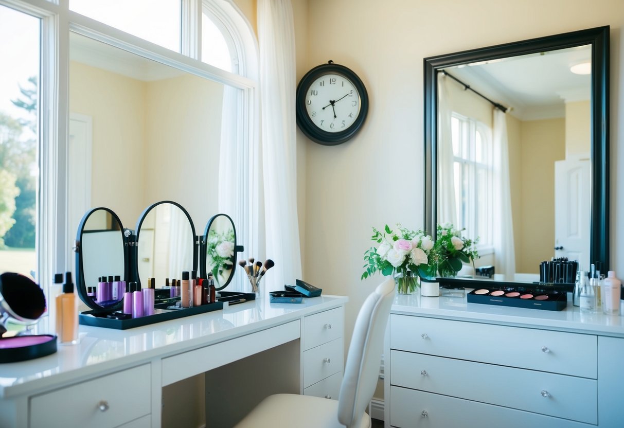 A bright and airy bridal suite with a large mirror and vanity, makeup and hair products neatly arranged, and a clock showing the start time for the wedding day preparations