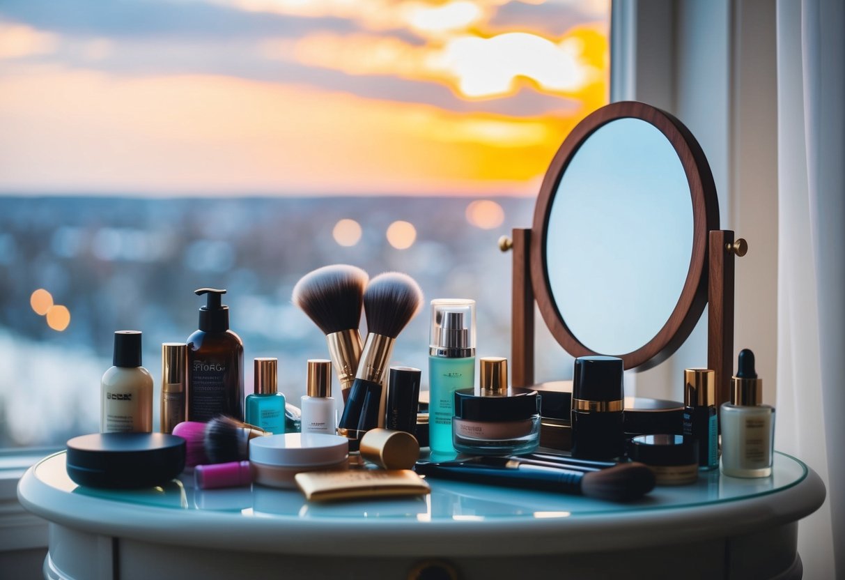 A peaceful morning scene with soft lighting and a cluttered vanity table, showcasing various hair and makeup products
