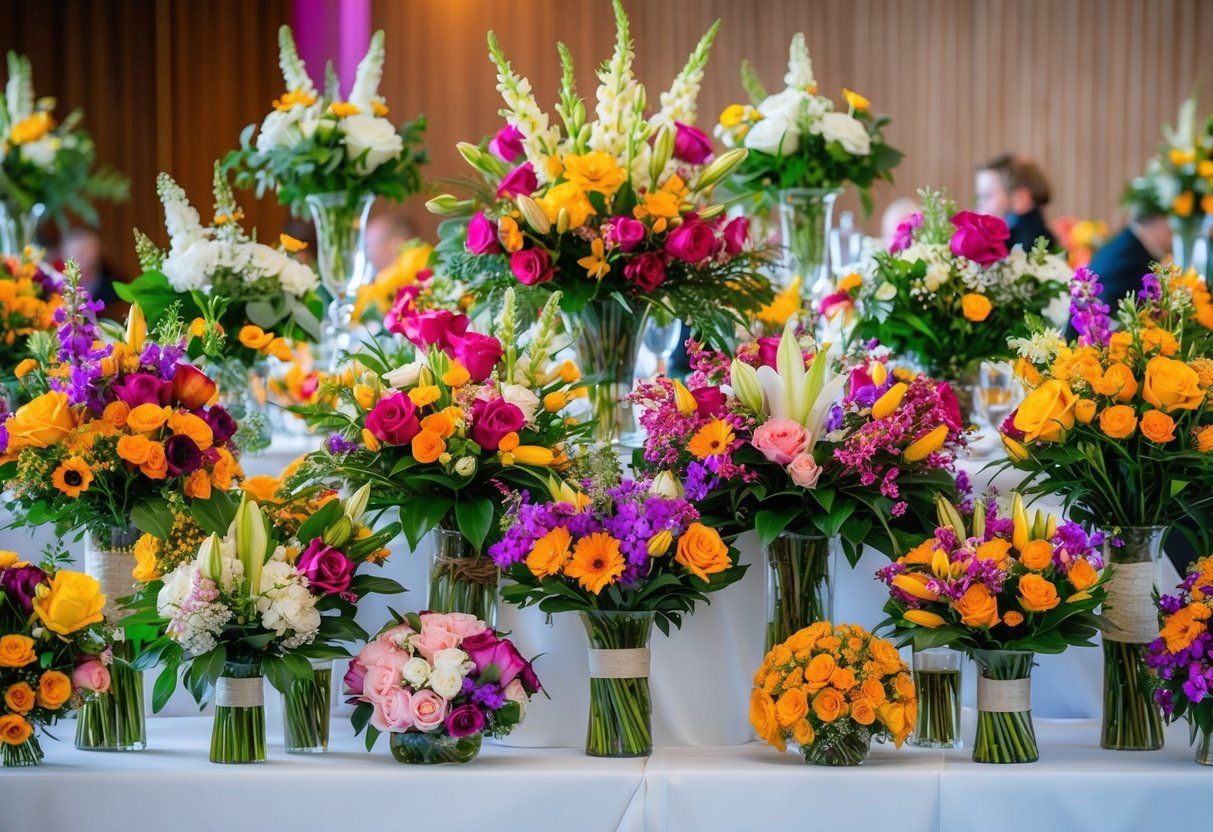 A vibrant array of flowers arranged in bouquets and centerpieces, each type symbolizing love, purity, or fidelity, adorning the wedding venue
