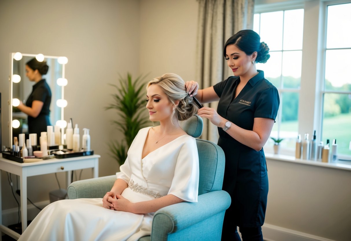 A serene bride sits in a comfortable chair, surrounded by soft lighting and a variety of hair and makeup products. A professional stylist stands nearby, ready to begin the transformation