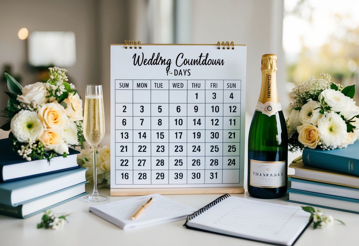 A couple's wedding countdown calendar with 100 days marked off, surrounded by wedding planning books, flowers, and a champagne bottle