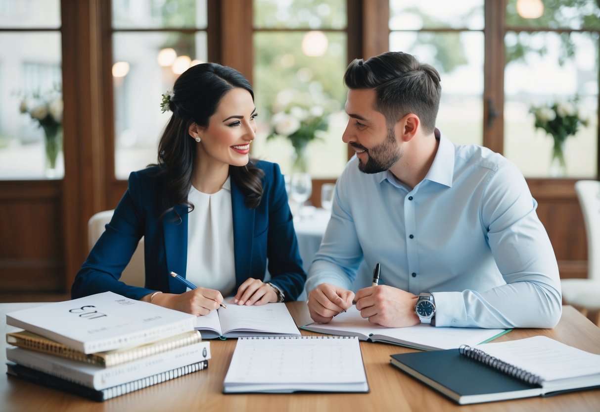 A couple sitting at a table with a calendar, checklist, and wedding planning books, discussing and making notes
