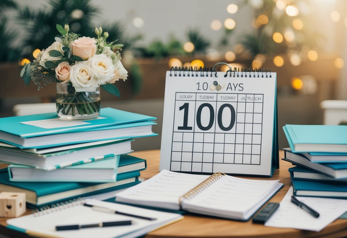 A table scattered with wedding planning books, a calendar marked 100 days before the wedding, and a checklist of last-minute tasks