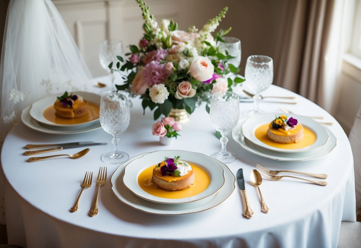 A table set with elegant brunch dishes, surrounded by floral centerpieces and delicate tableware. A bride's veil and bouquet sit nearby