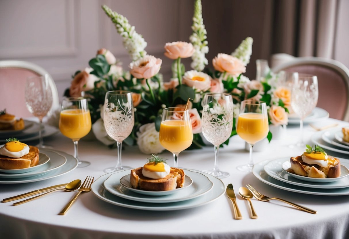 A table set with elegant brunch dishes and drinks, surrounded by floral centerpieces and feminine decor
