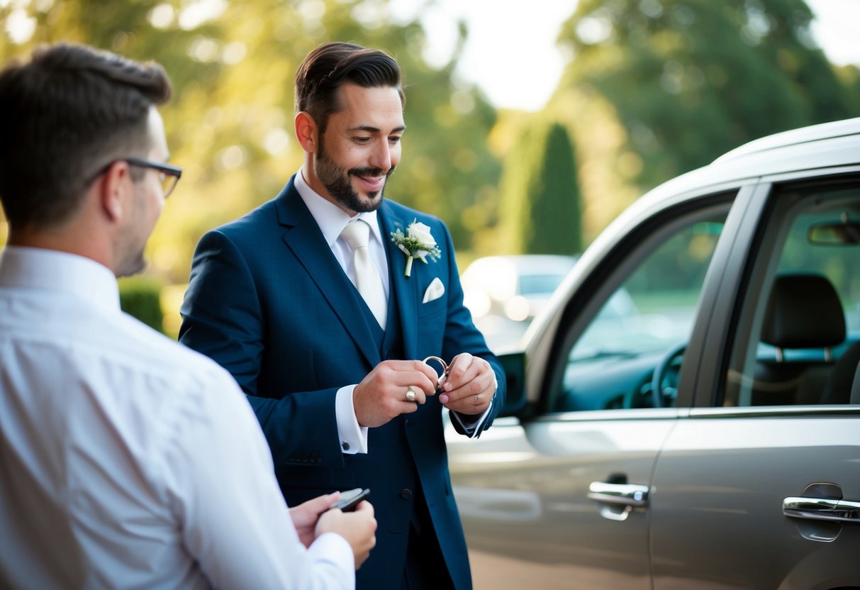 The best man purchasing wedding rings and coordinating transportation for the groom