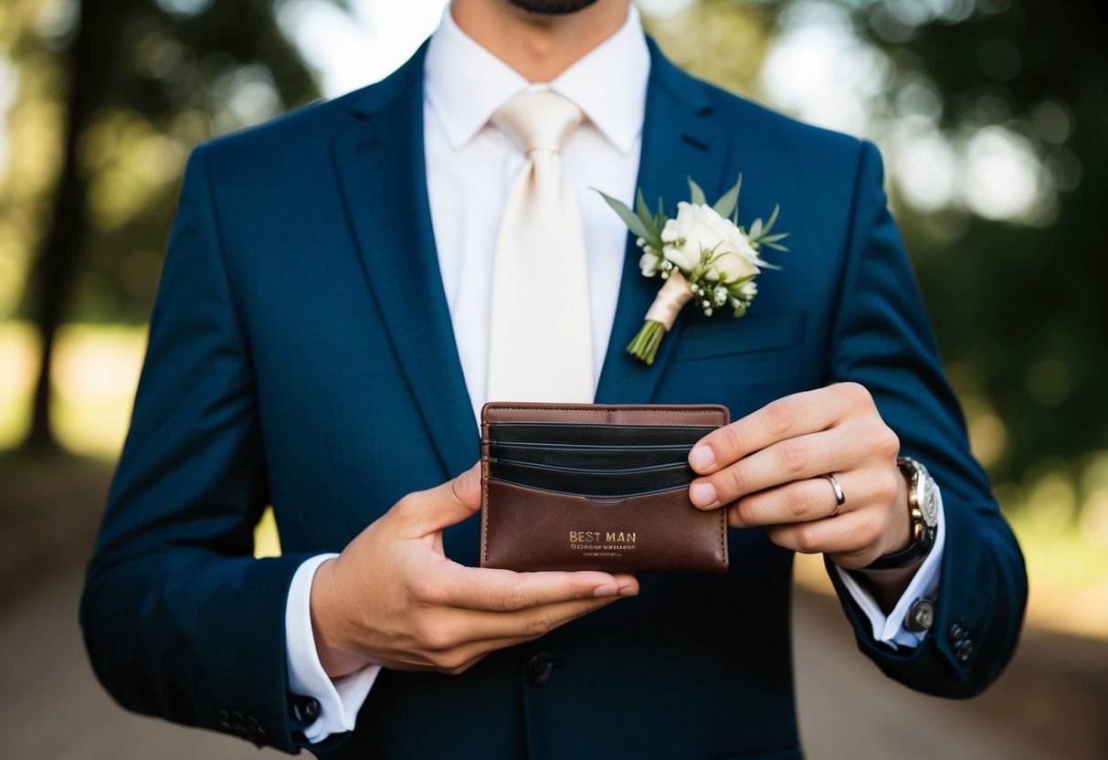 A best man holding a wallet, paying for wedding expenses such as the bachelor party, attire, and transportation