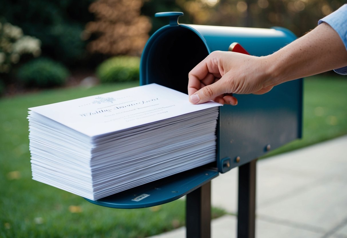 A stack of elegant wedding announcements being placed into a mailbox by a hand