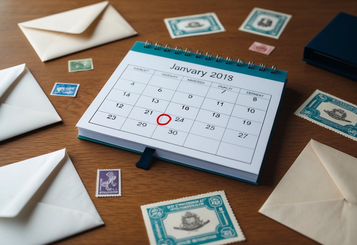 A calendar with a wedding date circled, surrounded by envelopes and stamps