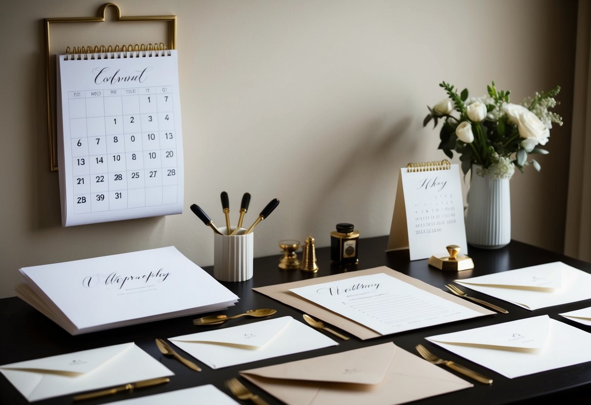 A table set with elegant paper, envelopes, and calligraphy tools. A calendar on the wall marks the date of the wedding
