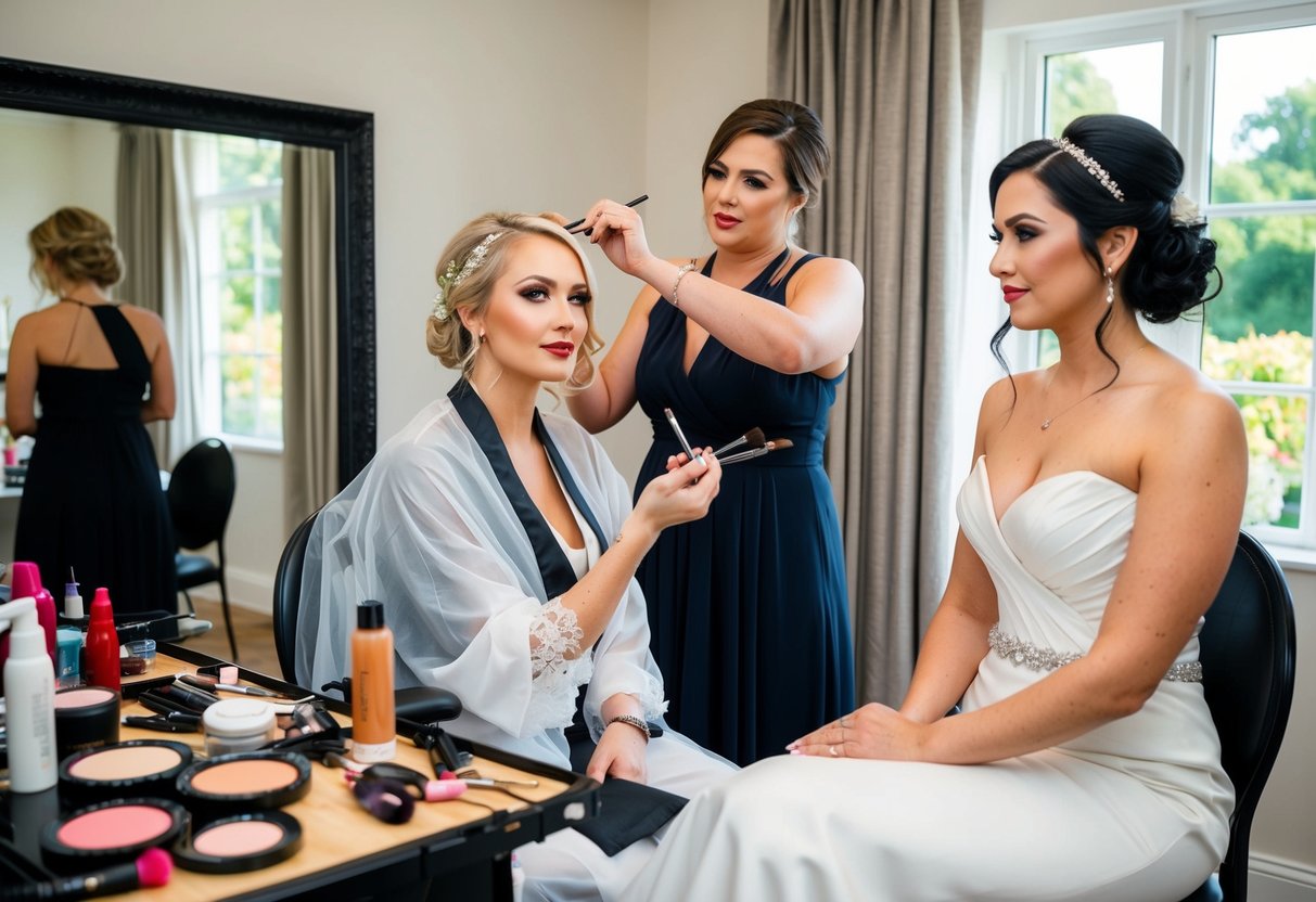A bride sits in a chair while a makeup artist applies makeup and a hairstylist works on her hair. The room is filled with natural light and there are various beauty products and tools on the table