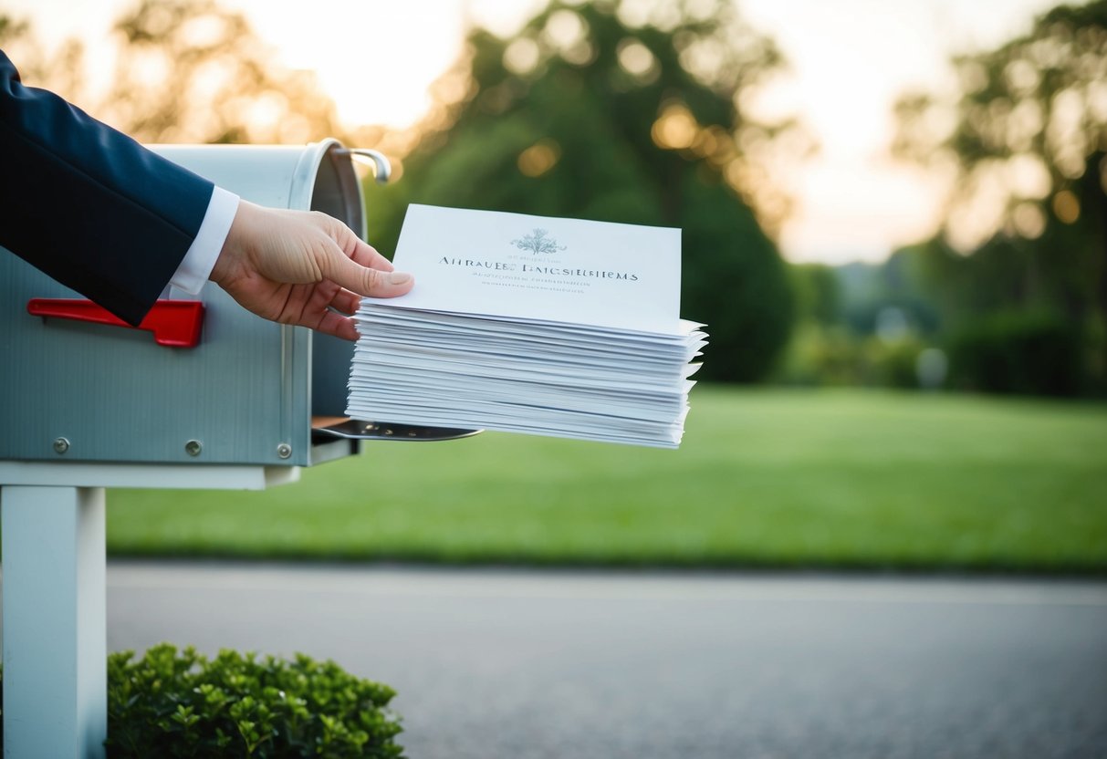 A stack of elegant wedding announcements being placed in a mailbox