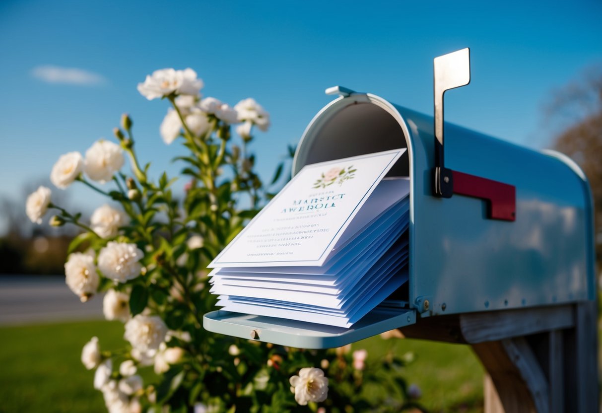 A stack of elegant wedding announcements being placed in a mailbox with a background of blooming flowers and a clear blue sky