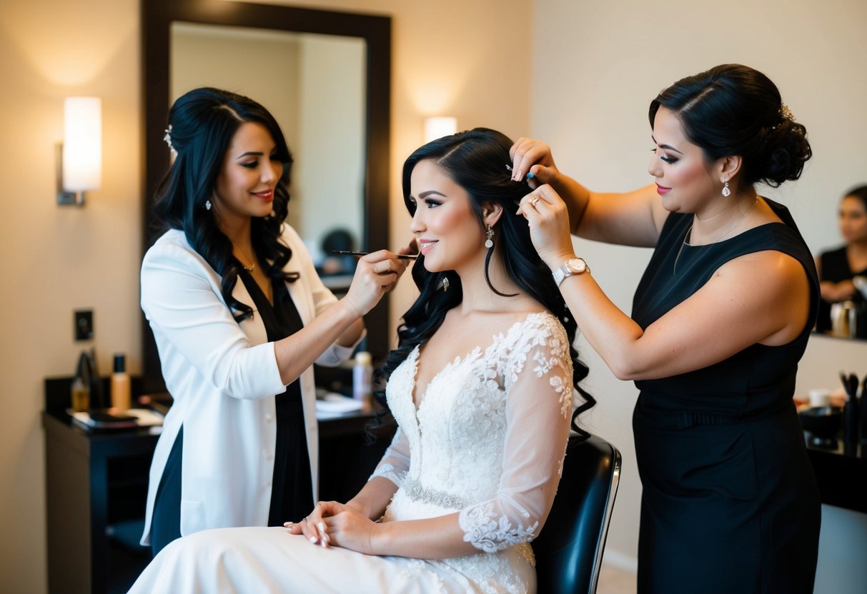 A bride sitting in a chair while a hairstylist and makeup artist work on her hair and makeup