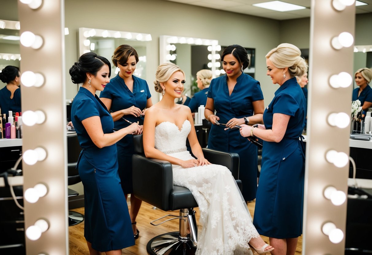 A bride sits in a well-lit salon chair, surrounded by a team of stylists and makeup artists, preparing her for her wedding day