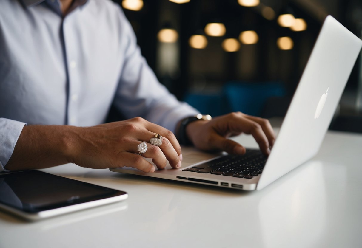 A man's wedding band sits on a table, while he types on a laptop